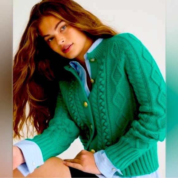 J. Crew Sweaters - J CREW Cable-Knit Cardigan Sweater Green Lambswool Blend S